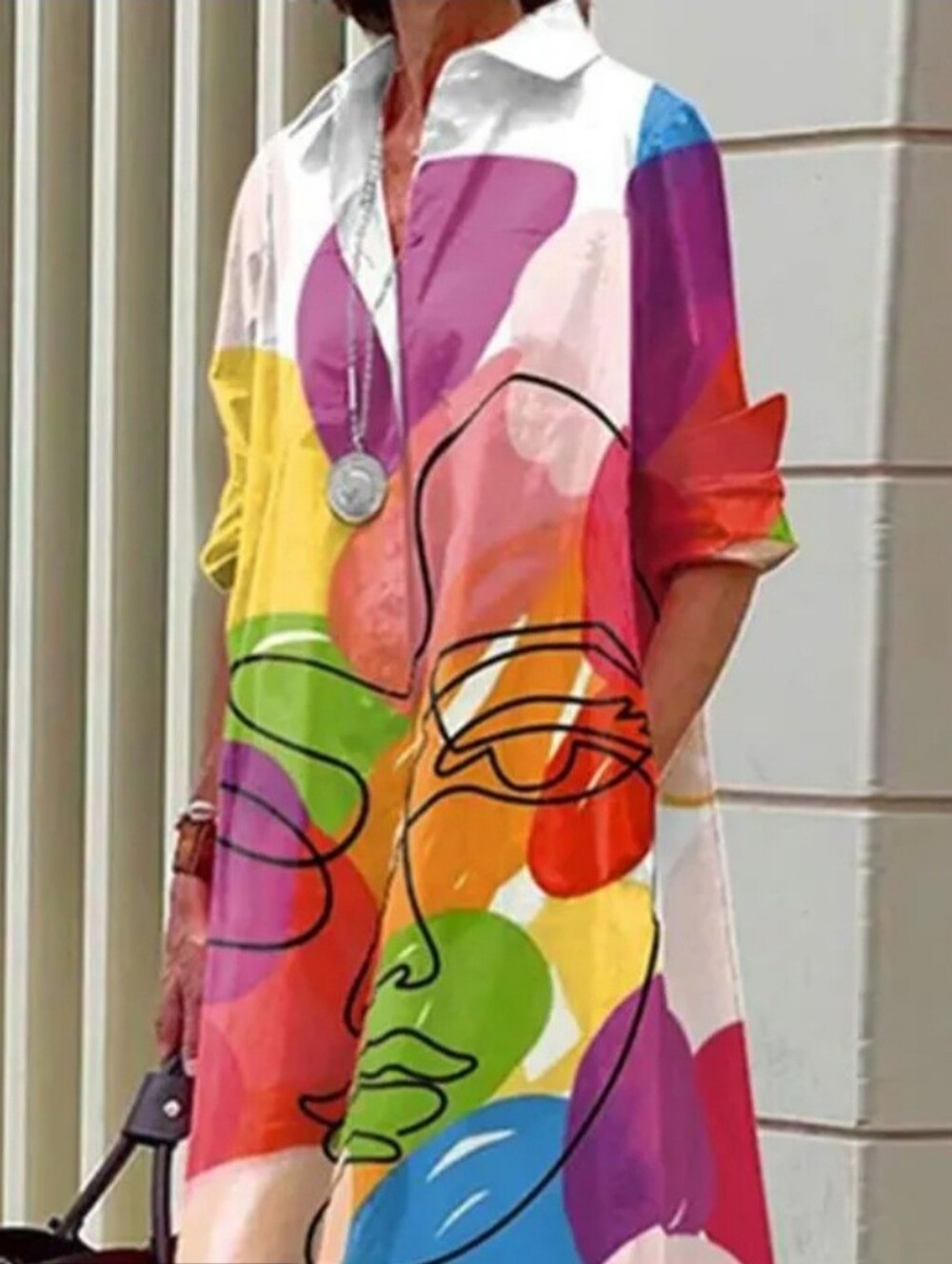 Colorful Figure Print Stylish Plus Size Shirt Dress Size XXL